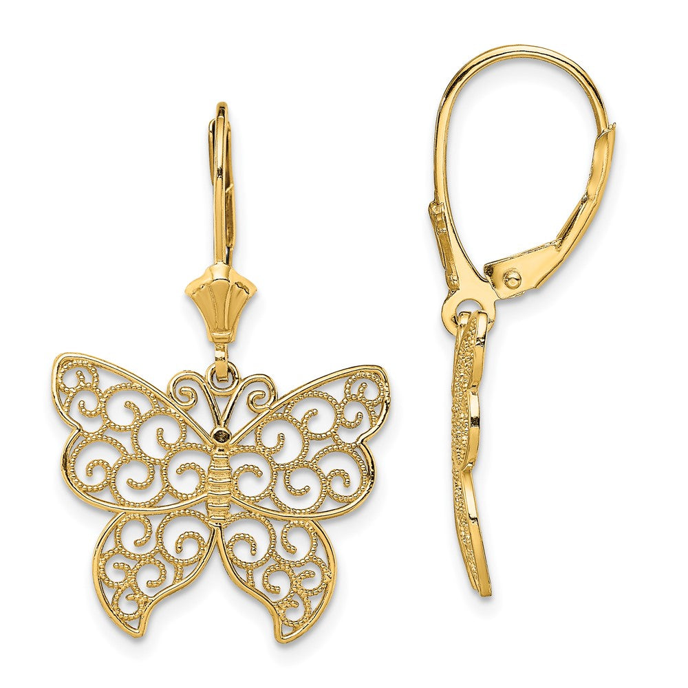 14K Yellow Gold Butterfly with Beaded Filigree Wings Leverback Earrings