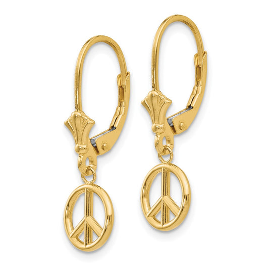 14K Yellow Gold 3D Peace Symbol Leverback Earrings