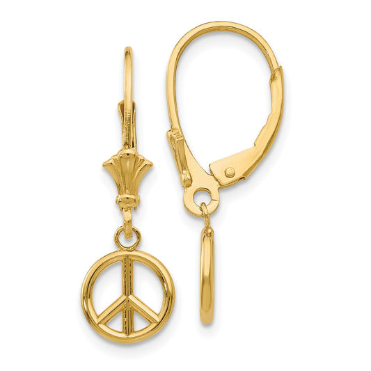 14K Yellow Gold 3D Peace Symbol Leverback Earrings