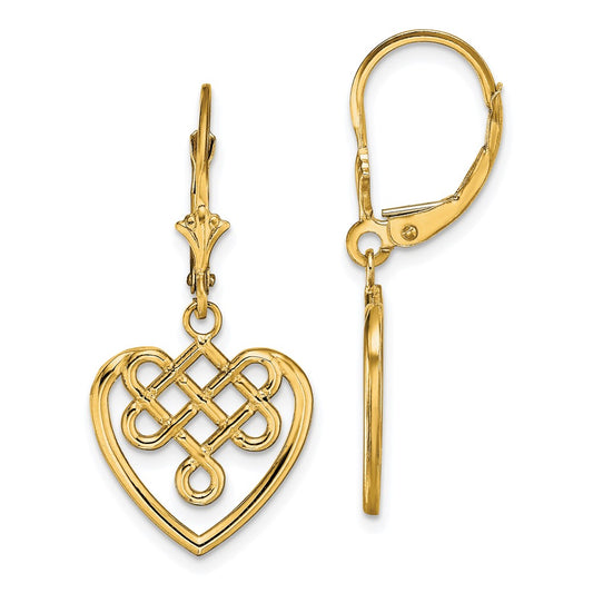 14K Yellow Gold Celtic Knot Heart Leverback Earrings