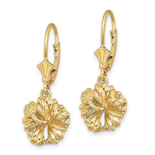 14K Yellow Gold 2D Textured Hibiscus Flower Leverback Earrings