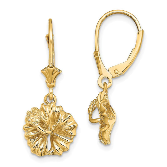 14K Yellow Gold 2D Textured Hibiscus Flower Leverback Earrings