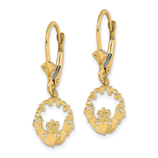14K Yellow Gold Polished Claddagh Leverback Earrings