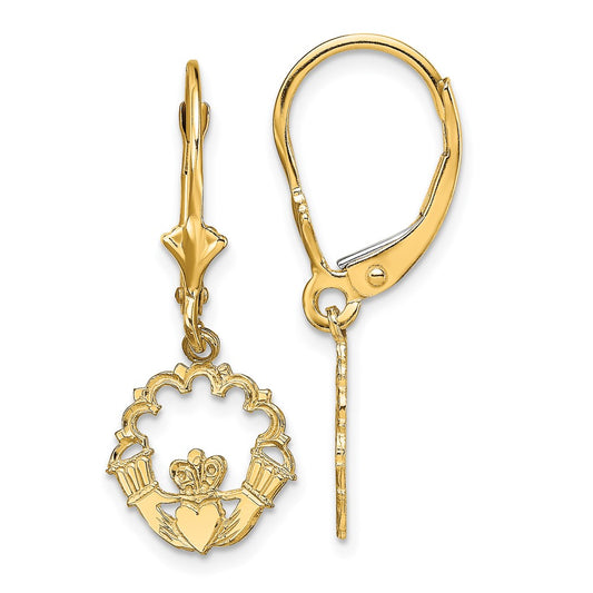 14K Yellow Gold Polished Claddagh Leverback Earrings