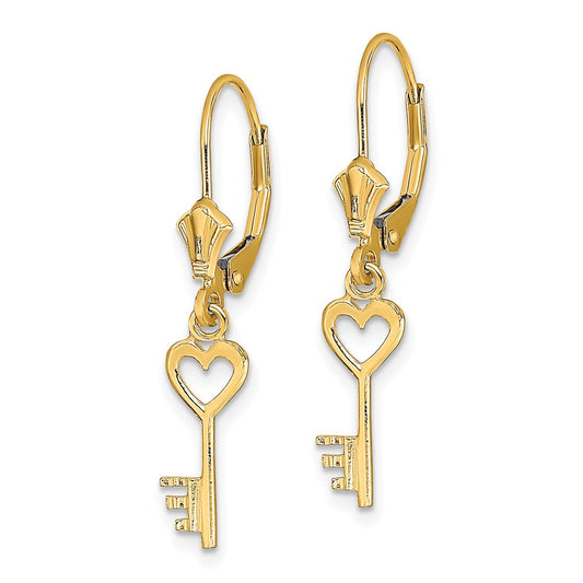 14K Yellow Gold Polished Heart Key Leverback Earrings