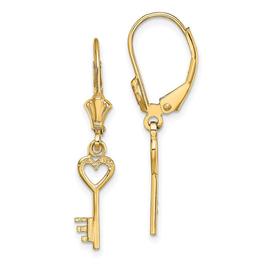 14K Yellow Gold Polished Heart Key Leverback Earrings