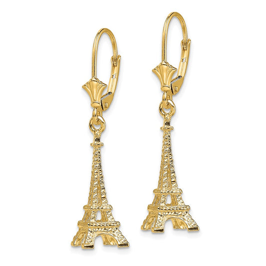 14K Yellow Gold 3D Eiffel Tower Leverback Earrings