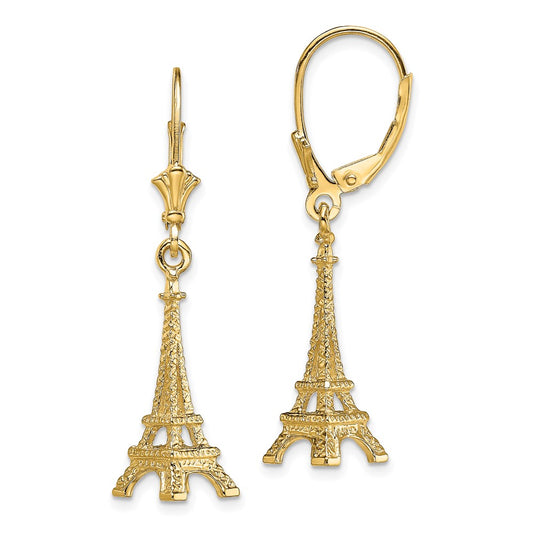 14K Yellow Gold 3D Eiffel Tower Leverback Earrings