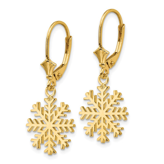 14K Yellow Gold Snowflake Leverback Earrings