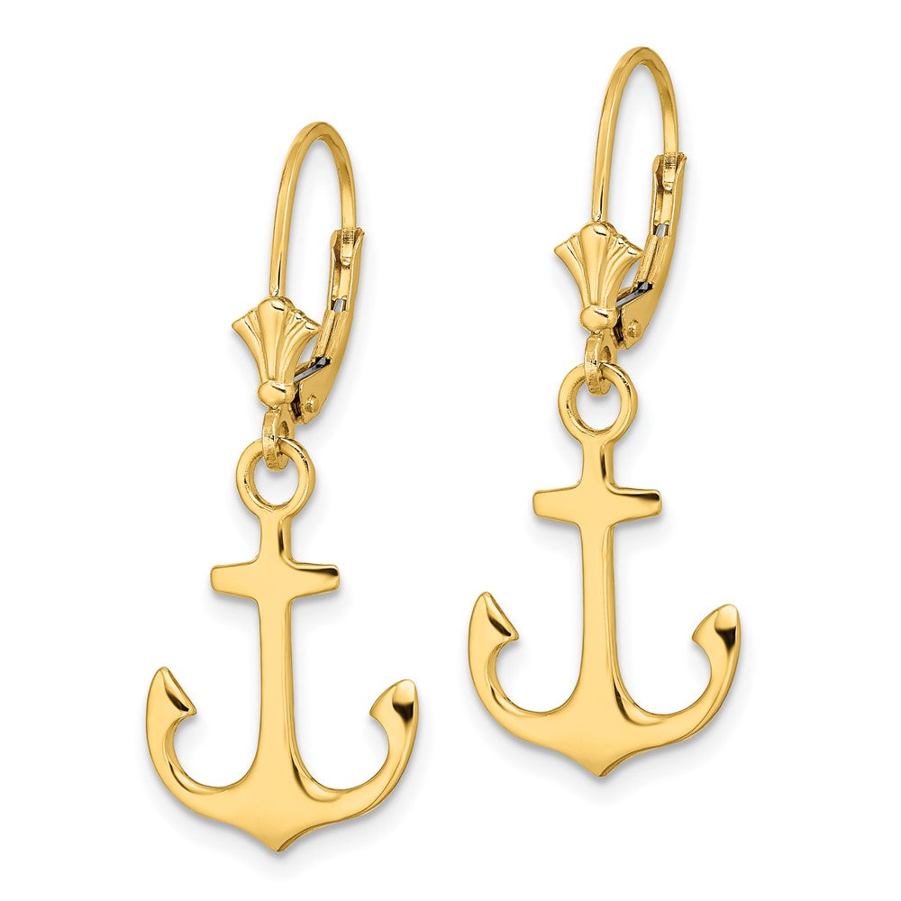 14K Yellow Gold 2D Polished Anchor Leverback Earrings