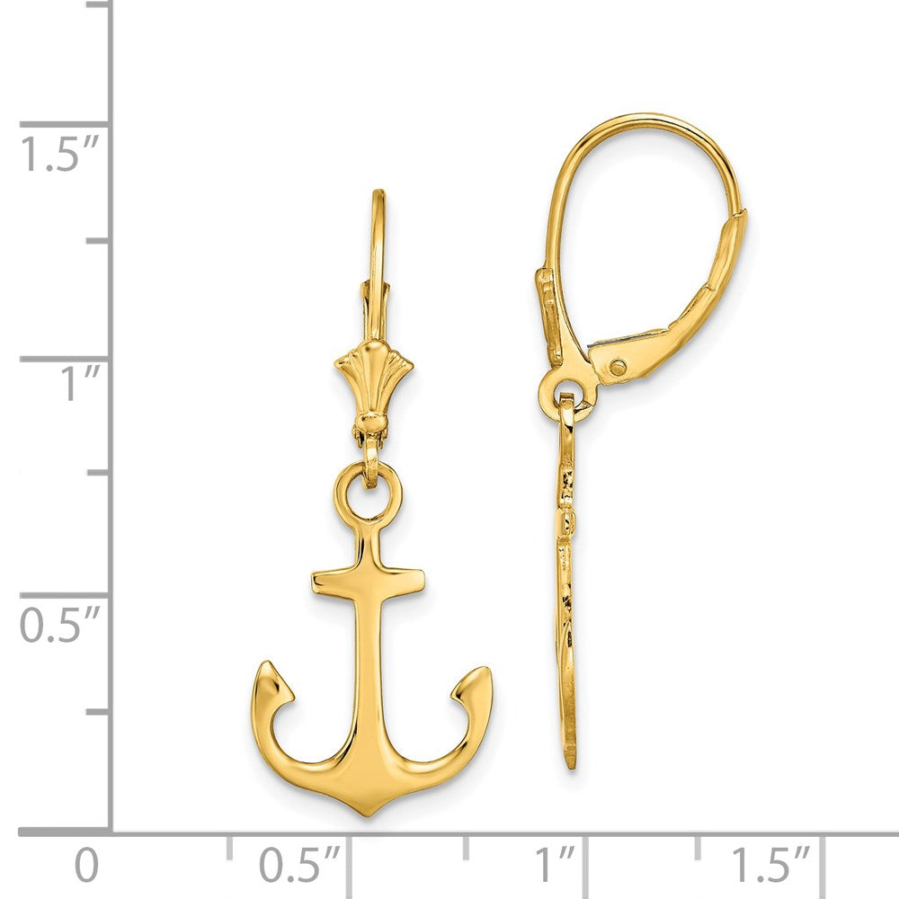 14K Yellow Gold 2D Polished Anchor Leverback Earrings