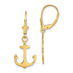 14K Yellow Gold 2D Polished Anchor Leverback Earrings