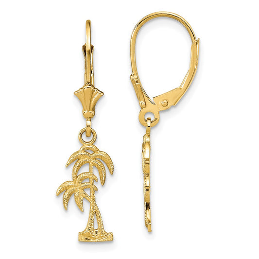 14K Yellow Gold Palm Tree Leverback Earrings