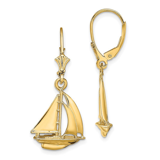 14K Yellow Gold 3D Polished Sailboat Leverback Earrings