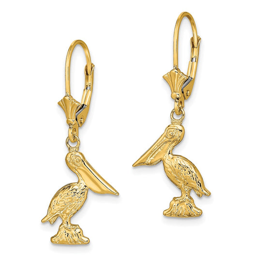 14K Yellow Gold 3D Pelican Standing Leverback Earrings