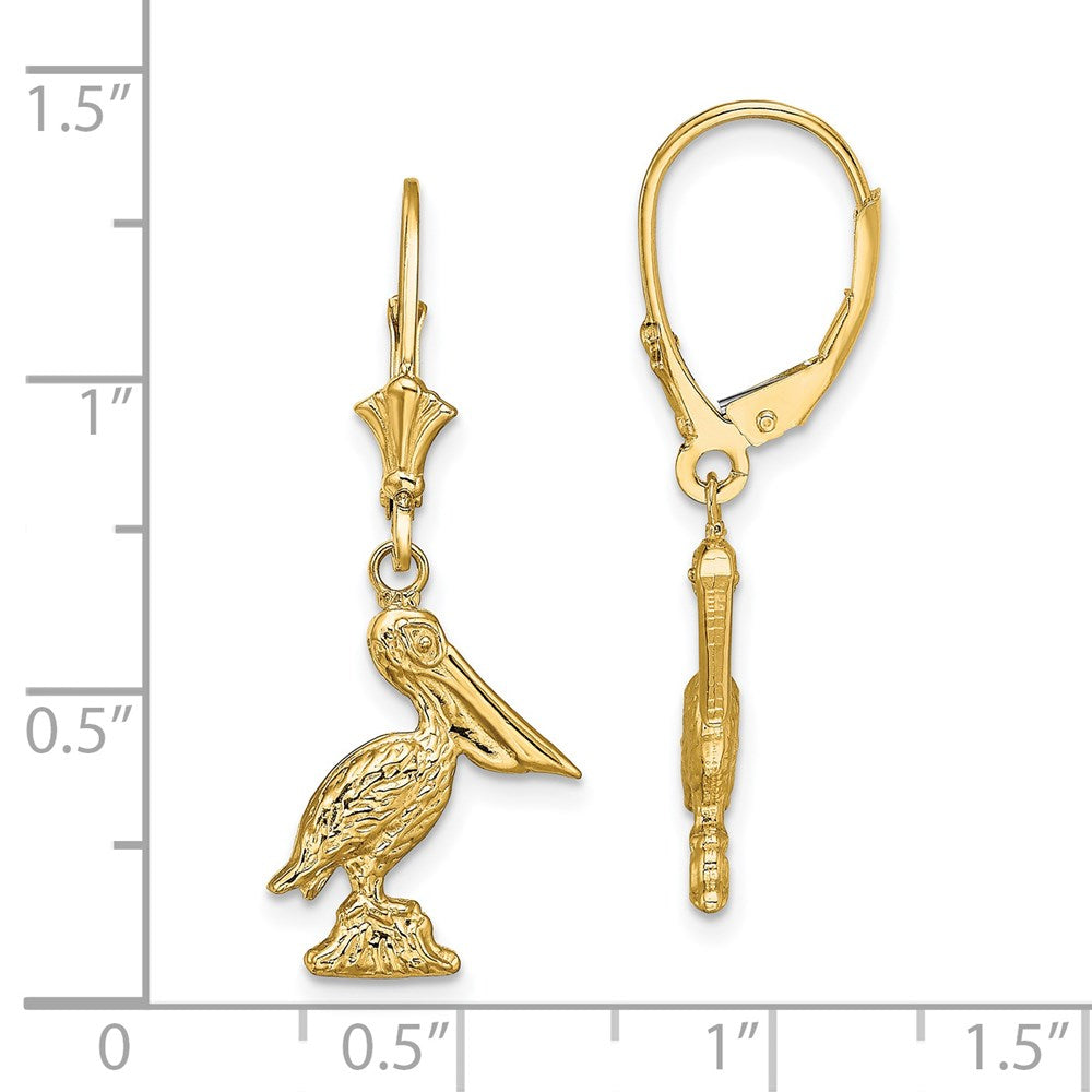 14K Yellow Gold 3D Pelican Standing Leverback Earrings