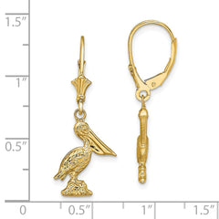 14K Yellow Gold 3D Pelican Standing Leverback Earrings