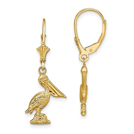 14K Yellow Gold 3D Pelican Standing Leverback Earrings