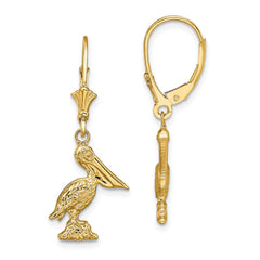 14K Yellow Gold 3D Pelican Standing Leverback Earrings