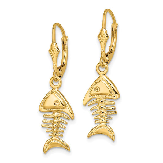 14K Yellow Gold 3D Fishbone Leverback Earrings