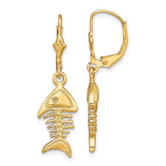 14K Yellow Gold 3D Fishbone Leverback Earrings