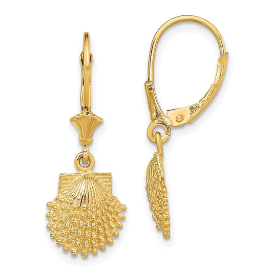 14K Yellow Gold 2D Beaded Scallop Shell Leverback Earrings