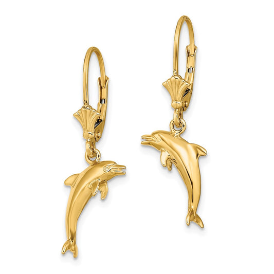 14K Yellow Gold 3D Mini Dolphin Jumping Leverback Earrings