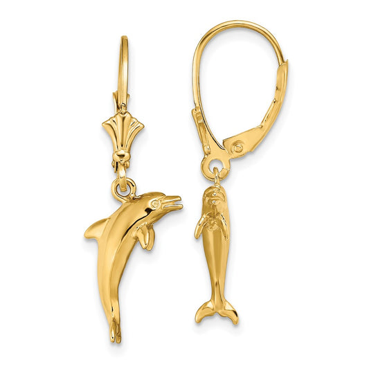 14K Yellow Gold 3D Mini Dolphin Jumping Leverback Earrings