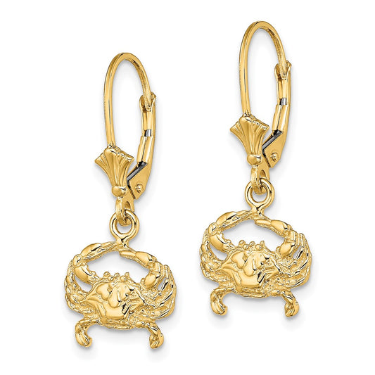 14K Yellow Gold 2D Blue Crab Leverback Earrings