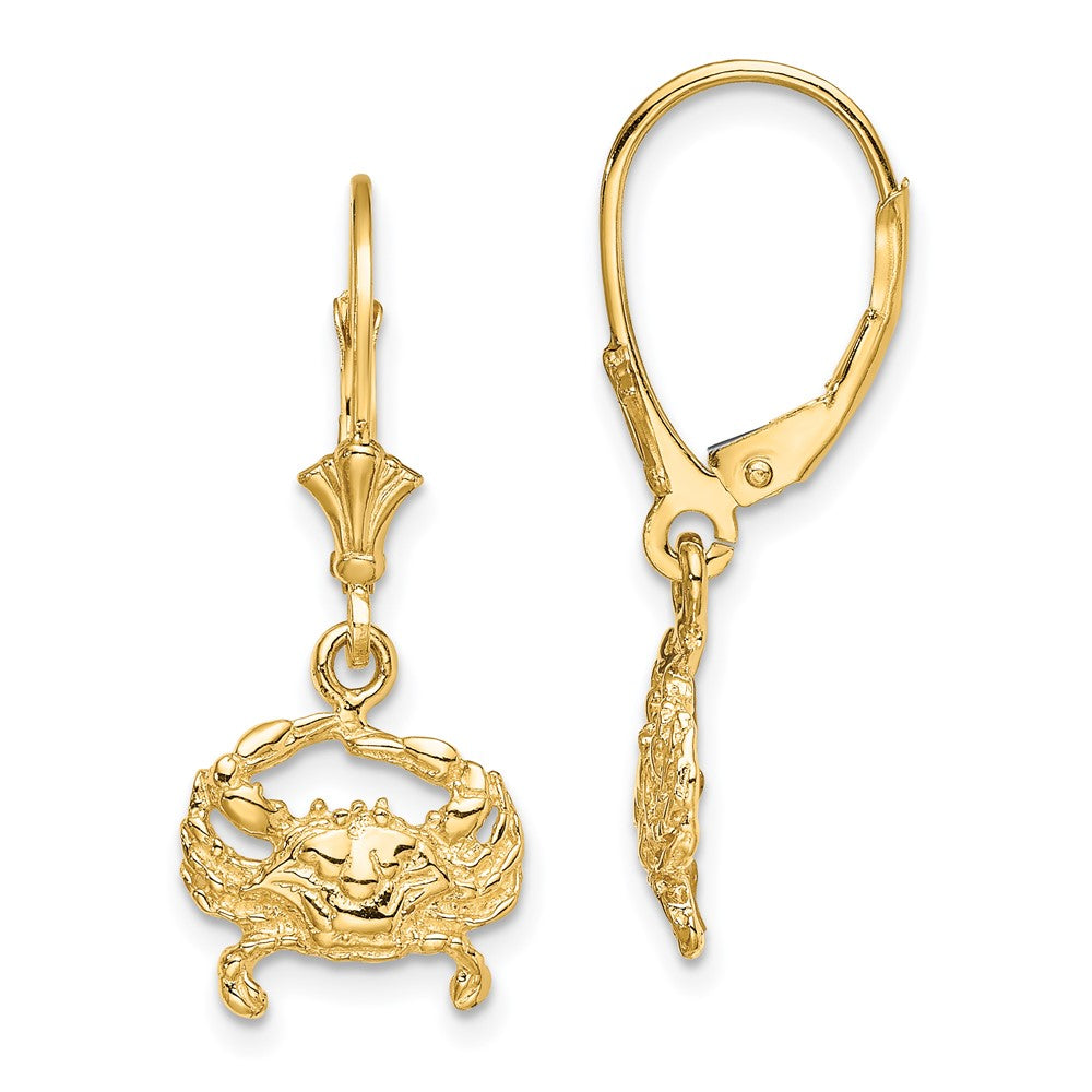 14K Yellow Gold 2D Blue Crab Leverback Earrings