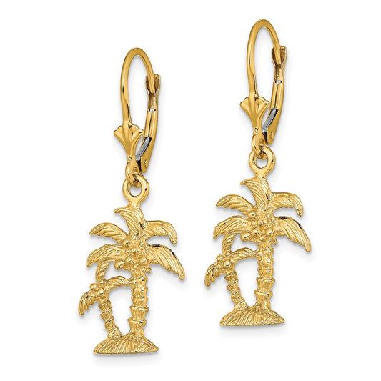 14K Yellow Gold 3D Textured Palm Trees Leverback Earrings