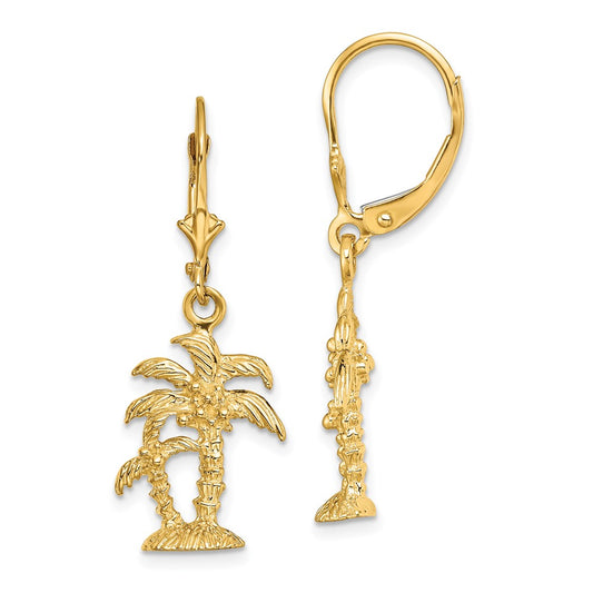 14K Yellow Gold 3D Textured Palm Trees Leverback Earrings