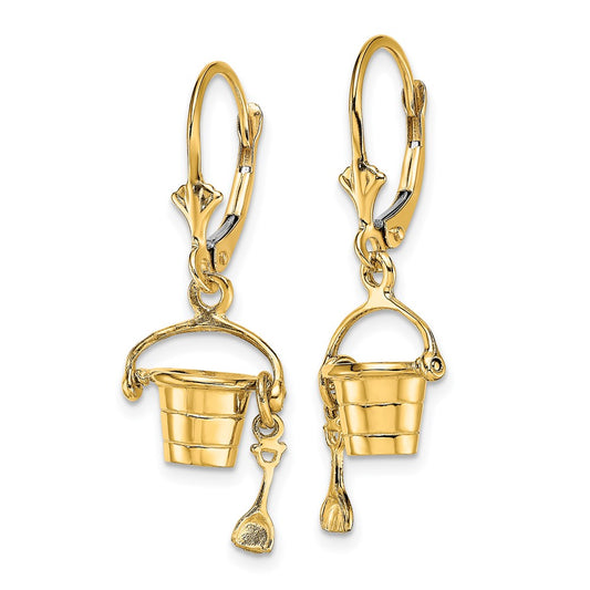 14K Yellow Gold 3D Beach Bucket with Shovel Leverback Earrings