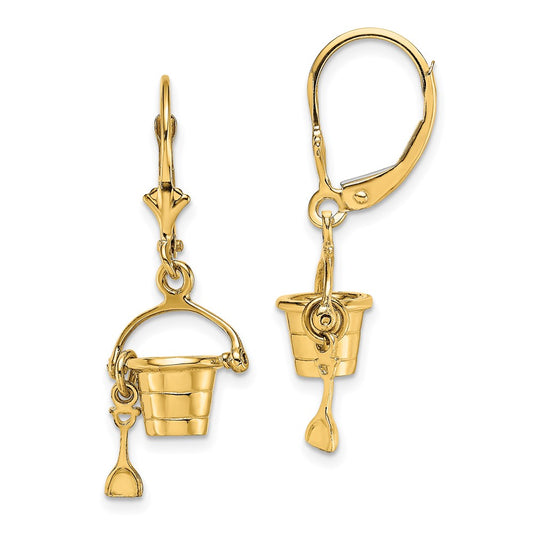 14K Yellow Gold 3D Beach Bucket with Shovel Leverback Earrings