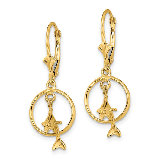 14K Yellow Gold 3D Dolphin Jumping Through Hoop Leverback Earrings