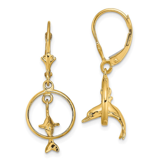 14K Yellow Gold 3D Dolphin Jumping Through Hoop Leverback Earrings