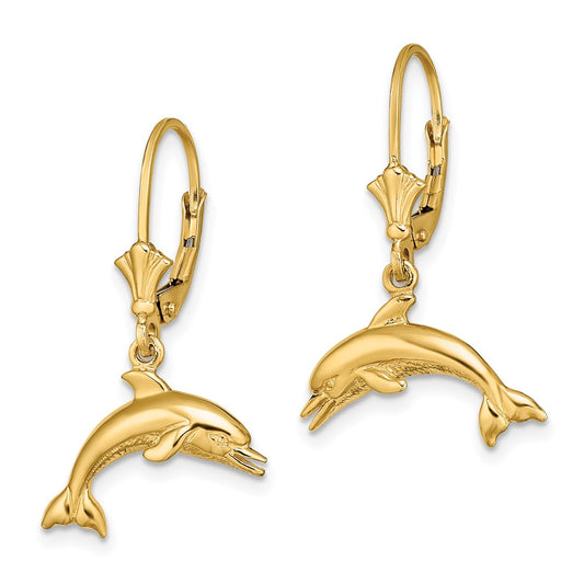 14K Yellow Gold Jumping Dolphin Leverback Earrings