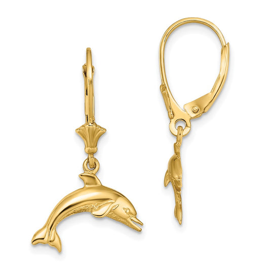 14K Yellow Gold Jumping Dolphin Leverback Earrings