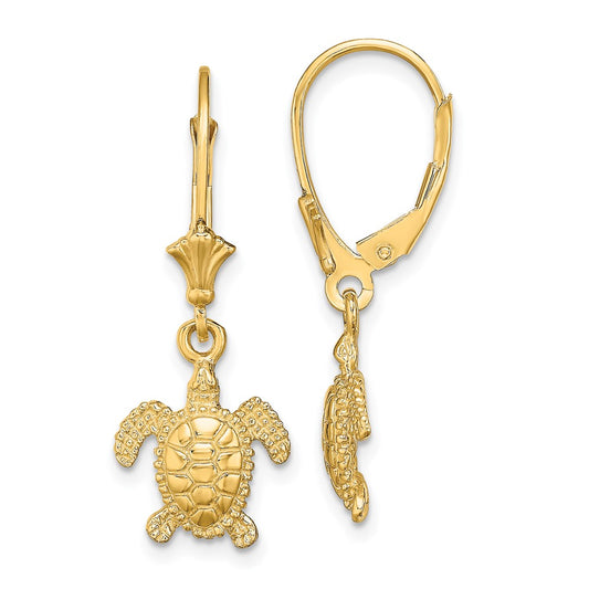 14K Yellow Gold 3D Polished Mini Sea Turtle Leverback Earrings