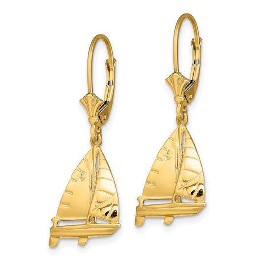 14K Yellow Gold 3D Sailboat Leverback Earrings