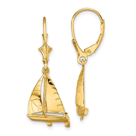 14K Yellow Gold 3D Sailboat Leverback Earrings