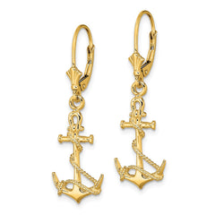 14K Yellow Gold 3D Anchor with Shackle and Entwined Rope Leverback Earrings