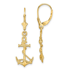 14K Yellow Gold 3D Anchor with Shackle and Entwined Rope Leverback Earrings