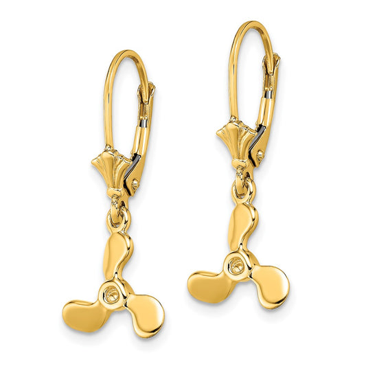 14K Yellow Gold 3D Mini Three Blade Propeller Leverback Earrings