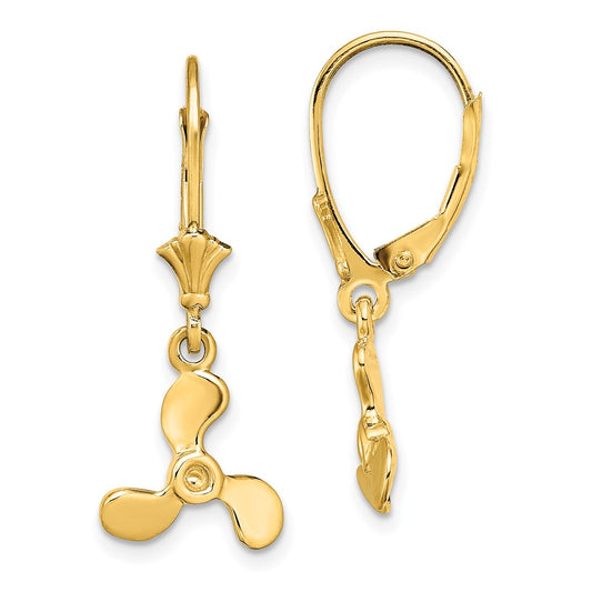 14K Yellow Gold 3D Mini Three Blade Propeller Leverback Earrings