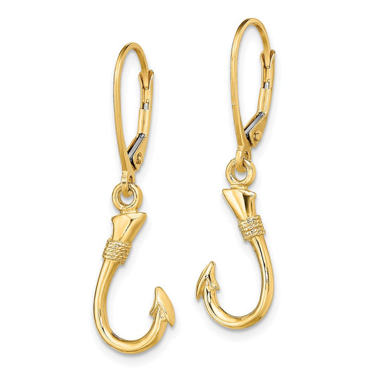 14K Yellow Gold 3D Fish Hook Leverback Earrings