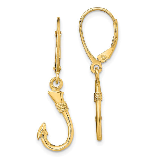 14K Yellow Gold 3D Fish Hook Leverback Earrings