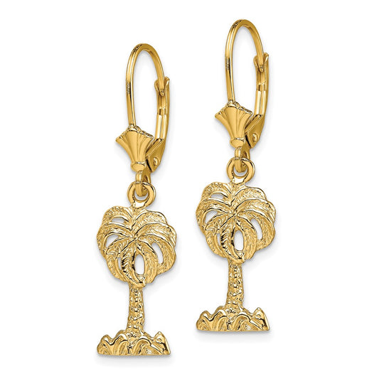 14K Yellow Gold Palm Tree Leverback Earrings