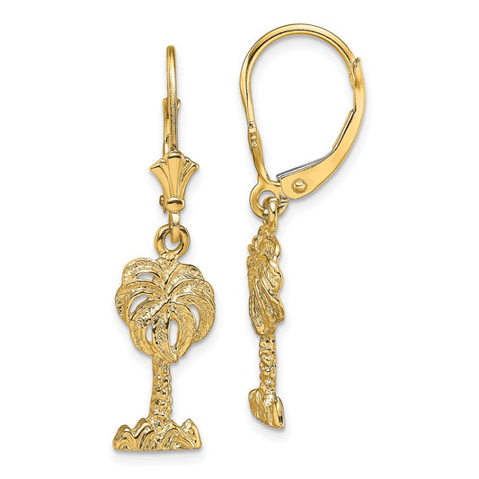 14K Yellow Gold Palm Tree Leverback Earrings