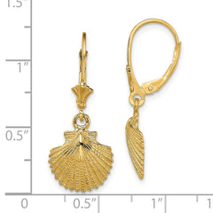 14K Yellow Gold 2D and Textured Scallop Shell Leverback Earrings
